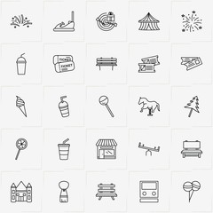 Amusement Park line icon set with ice cream, darts and circus tent