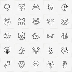 Animals line icon set with cobra, owl and horse