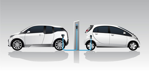 Two white electric cars with charging station. Vector illustration EPS 10