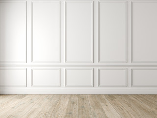 Modern classic white empty interior with wall panels and wooden floor. - obrazy, fototapety, plakaty