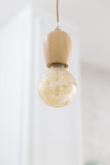 Vintage wooden light bulb hanging on white background.