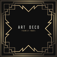 Vector card. Art Deco style. Dark golden geometric frame on black background.