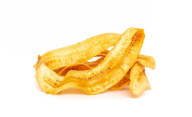 sweet banana crisps so delicious on white background