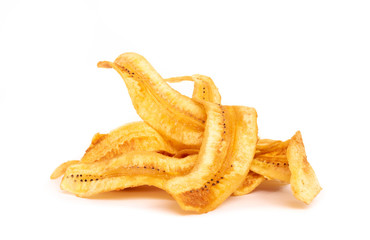 sweet banana crisps so delicious on white background