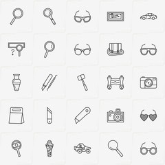 Archeology line icon set with photo camera, cutter and spectacles