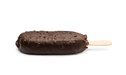 Chocolate ice cream on a stick on white background.