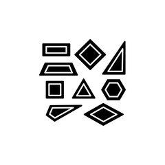 Black & white vector illustration of quilting templates for cutting fabric. Flat icon of patchwork accessories. Triangle, square & quarter round stencils. Isolated  on white background.