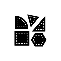 Fototapeta premium Black & white vector illustration of quilting templates for cutting fabric. Flat icon of patchwork accessories. Triangle, square & quarter round stencils. Isolated on white background.