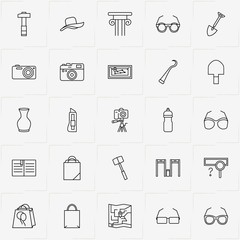 Archeology line icon set with bag, water flask and hook