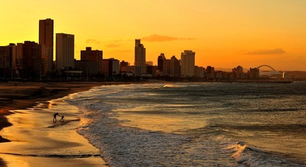 skyline at sunset in Durban, South Africa - obrazy, fototapety, plakaty