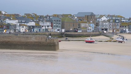 Panorama of St Ives town, beach and harbour very early in the morning before the tourists arrive.
