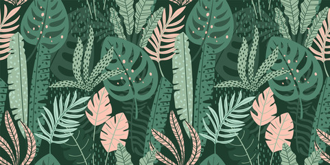 Abstract seamless pattern with tropical leaves. Vector template.