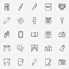 Art line icon set with sketchbook, curtains and photo camera