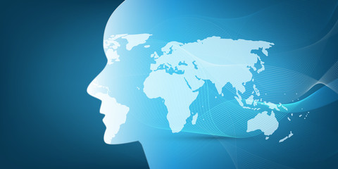 Machine Learning, Artificial Intelligence, Cloud Computing, Global Automated Support Assistance and Networks Design Concept with World Map, Wavy Pattern and Human Head