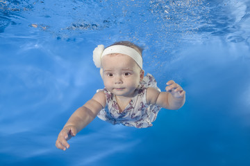 Fototapeta na wymiar Little girl in a dress swims underwater in the pool