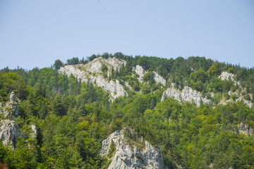 A beautiful landscape of cliffs in forest in Low Tatra region. Sunny day, colorful scenery in Slovakia, Europe.