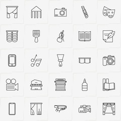 Art line icon set with typing machine, curtains and feather with paper