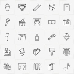 Art line icon set with photo camera, tube and glue