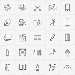 Art line icon set with papers, painting brush and cutter