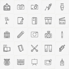 Art line icon set with scissor, book and pencil