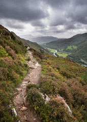 Naklejka na ściany i meble Landscape image of view from Precipice Walk in Snowdonia overlooking Barmouth and Coed-y-Brenin forest during rainy afternoon in September