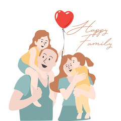Parents Carrying Daughter On Shoulders. Happy young family. Vector illustration of a flat design.