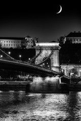 Fototapeta na wymiar Budapest Chain Bridge by nigh - black and white