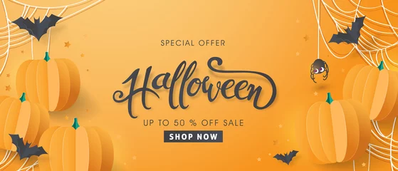 Foto auf Glas Happy Halloween sale banners or party invitation background.Vector illustration .calligraphy of "halloween" © bokmok