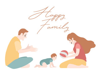 Happy family mother and father playing with a baby at home, vector illustration.