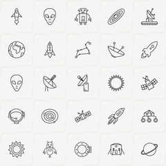 Astronomy line icon set with rocket, astronaut's helmet and satellite