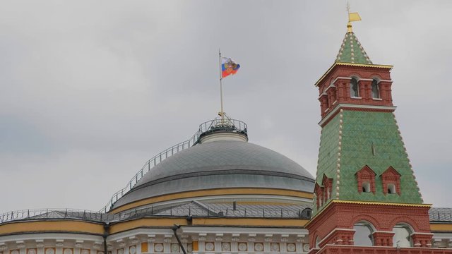 MOSCOW - JUNE 23: Kremlin Moscow Dome of Senate building Russian Flag tower on June 23, 2018 in Moscow, Russia