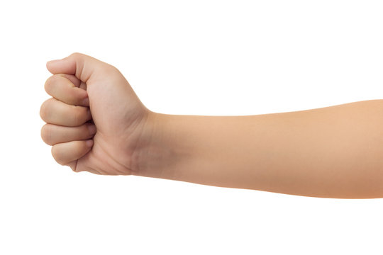 Human hand in fist, punch or griping gesture isolate on white background with clipping path
