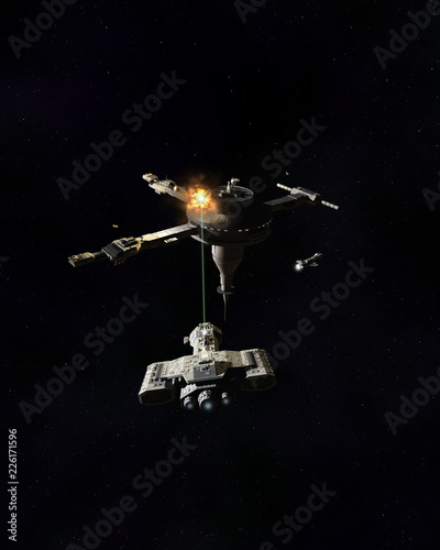 "Interstellar Space Station Under Attack by Laser Fire from a Spaceship - science fiction illustration" Stock photo and royalty-free images on Fotolia.com - Pic 226171596