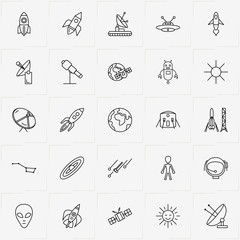 Astronomy line icon set with rocket, sun and moon walker - 226171719