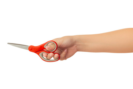 Human hand holding scissors gesture isolate on white background with clipping path, High resolution and low contrast for retouch or graphic design