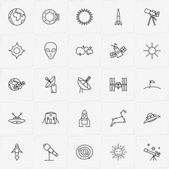 Astronomy line icon set with universe, space station and flag on the moon