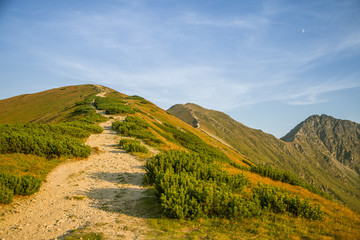 A beautiful hiking trail in the mountains. Mountain landscape in Tatry, Slovakia. Walking path scenery.