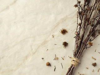 Close-up bouquet of four dried and wilted Gypsophila flowers on matt marble background with copy space