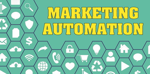 MARKETING AUTOMATION Panoramic Hi tech banner with hexagons icons and tags