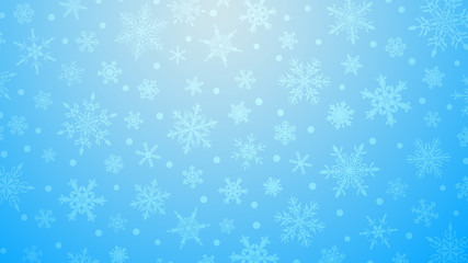 Christmas illustration with various small snowflakes on gradient background in light blue colors