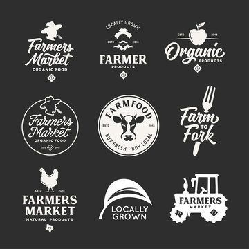 Farmers market labels emblems badges set. Vector vintage illustration.