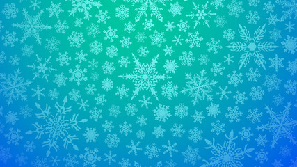 Christmas illustration with various small snowflakes on gradient background in light blue colors