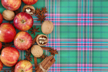Ripe apples form autumn background with free space for text