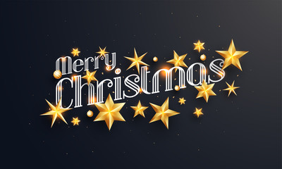 Top View of Creative lettering of Merry Christmas decorated with golden stars on black background for festival celebration.