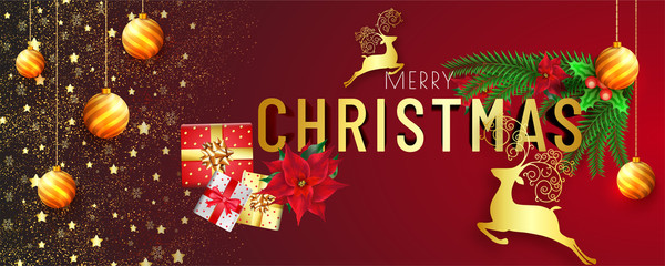 Christmas celebration website header or banner design, festival elements decorated on red background.