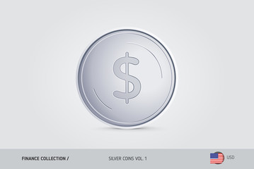 Obraz premium Silver coin. Realistic silver United States Dollar coin. Isolated object on background. Finance concept for websites, web design, mobile app, infographics.