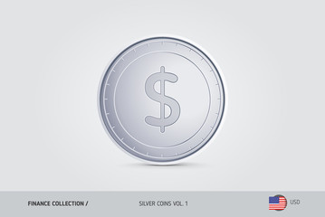 Silver coin. Realistic silver United States Dollar coin. Isolated object on background. Finance concept for websites, web design, mobile app, infographics.