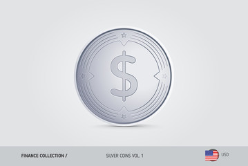 Obraz premium Silver coin. Realistic silver United States Dollar coin. Isolated object on background. Finance concept for websites, web design, mobile app, infographics.