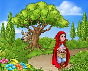 Scene from the childrens fairytale of  little red riding hood cartoon character holding her basket walking through the woods to gradmas house as the big bad wolf peeks from around a tree.