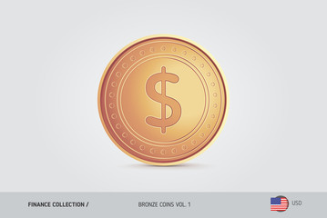 Bronze coin. Realistic bronze United States Dollar coin. Isolated object on background. Finance concept for websites, web design, mobile app, infographics.